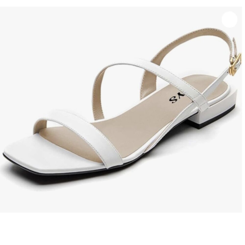 FYS Women Square Open Toe Sandals Flat Heel Strappy Slingbacks Summer White